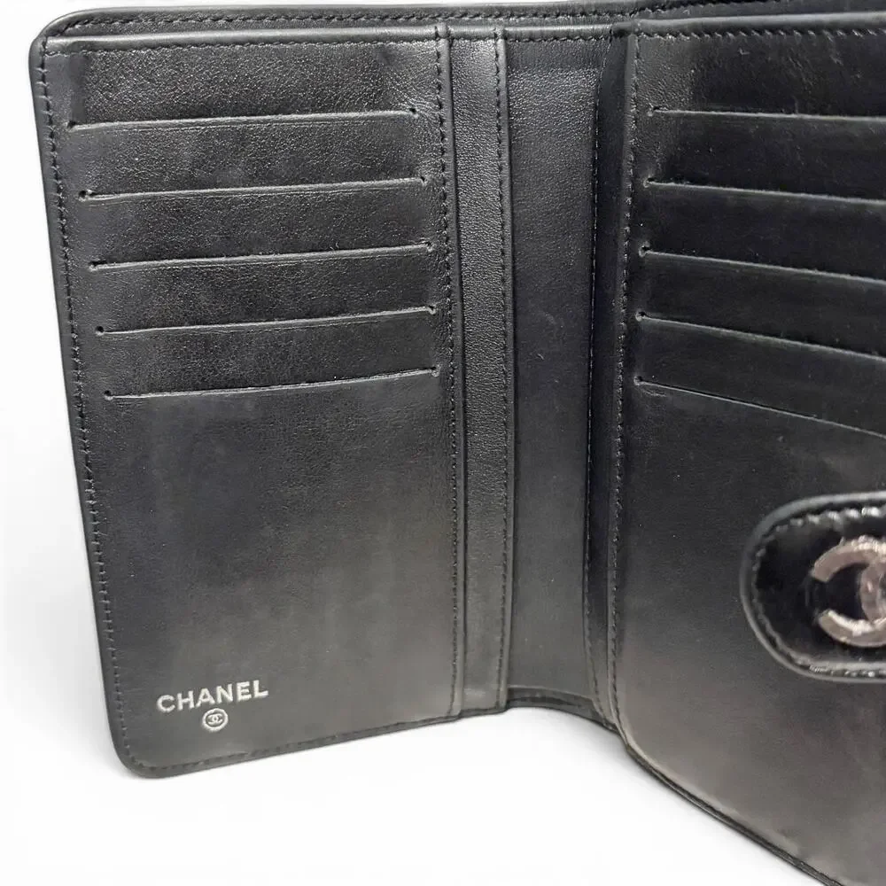 Chanel Black Lambskin Long Bifold Wallet Silver CC Snap Flap Zip Coin Pocket